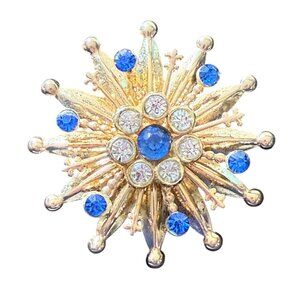 Vintage Gold-Tone Snowflake Brooch With Blue & Clear Rhinestones
